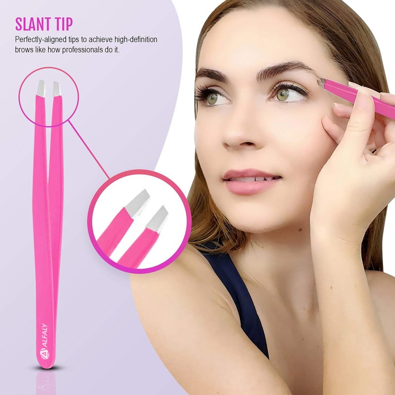 Alfaly Tweezers Set - Professional Stainless Steel 5-Piece Precision Tweezer for Men & Women - Great for Facial Hair Removal, Eyebrow Shaping, Splinters & Ingrown (Pink) - Image 4
